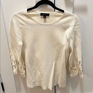 Ann Taylor Cream Scoop-Neck Top with Intricate Cutout 3/4 Sleeves